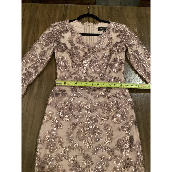 Tadashi Shoji Lace 3/4 Sleeve V-Neck Paillette Sequin Embroidered midi Dress - Picture 7 of 12